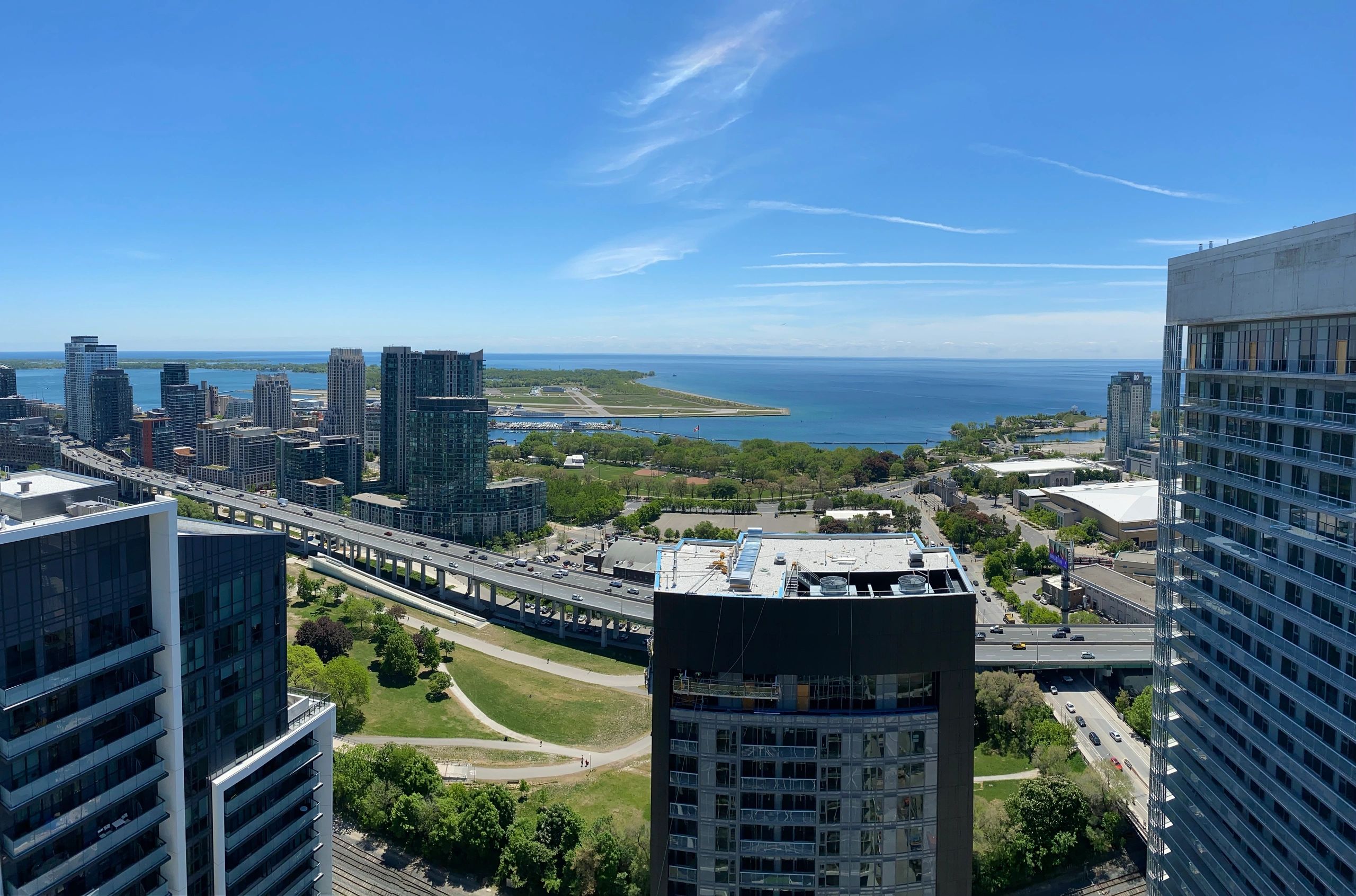 Aerial view of the Toronto skyline and Lake Ontario