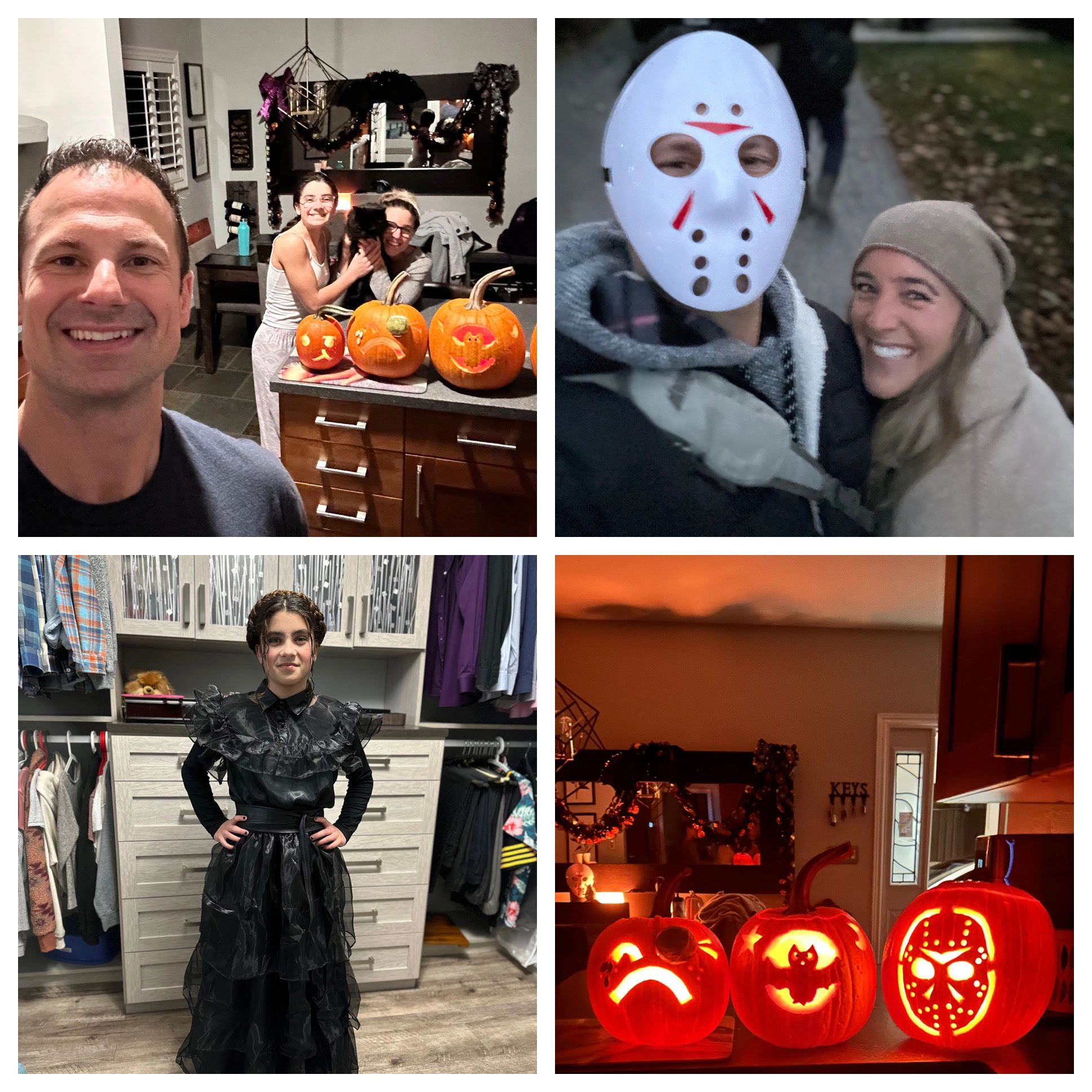 Halloween family collage with pumpkin carving, costumes and jack-o’-lanterns